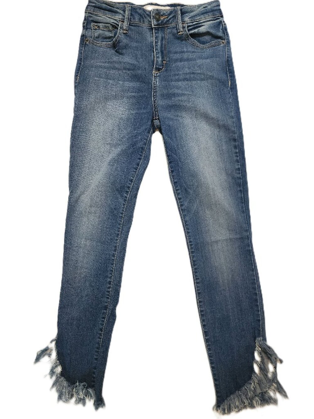 Hidden Jeans 26 Mid Rise Skinny Asymmetrical Frayed Hem Ankle Blue Denim